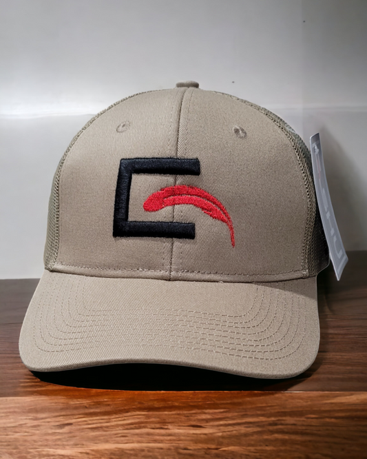 ESHU INSIGNIA | TRUCKER CAP | SNAPBACK | COYOTE BROWN-BLACK ON RED FEATHER